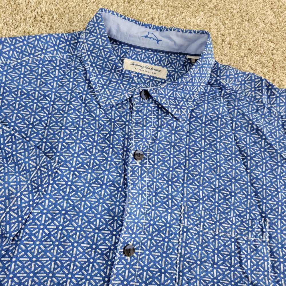 Tommy Bahama The Veracruz Cay Mens Large Blue All Over Geometric Button Up SS